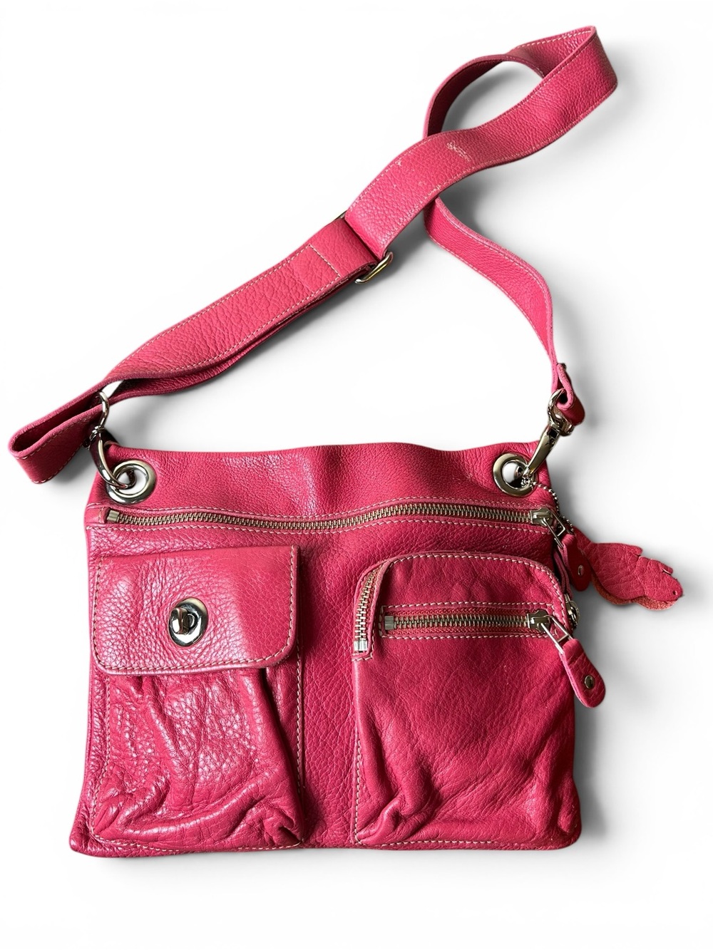 Roots Canada Pink Pebbled Leather Crossbody Shoulder Bag Multi Pocket